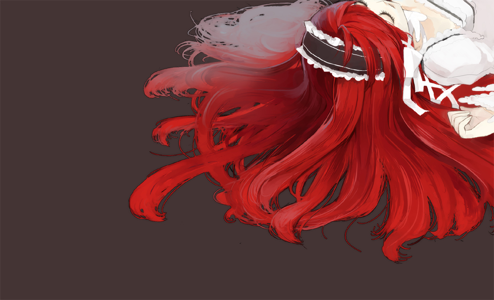 darao, dro, yoshino chidori, atlus, persona, persona 3, bad id, bad pixiv id, 1girl, female focus, gothic lolita, hair spread out, lolita fashion, long hair, red hair, solo