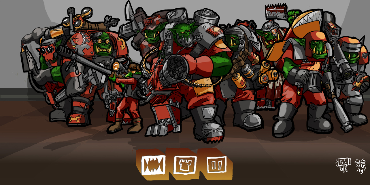 demoman (tf2), engineer (tf2), heavy (tf2), medic (tf2), pyro (tf2), scout (tf2), sniper (tf2), soldier (tf2), spy (tf2), team fortress 2, warhammer 40k, 6+boys, everyone, male focus, multiple boys, orc, weapon