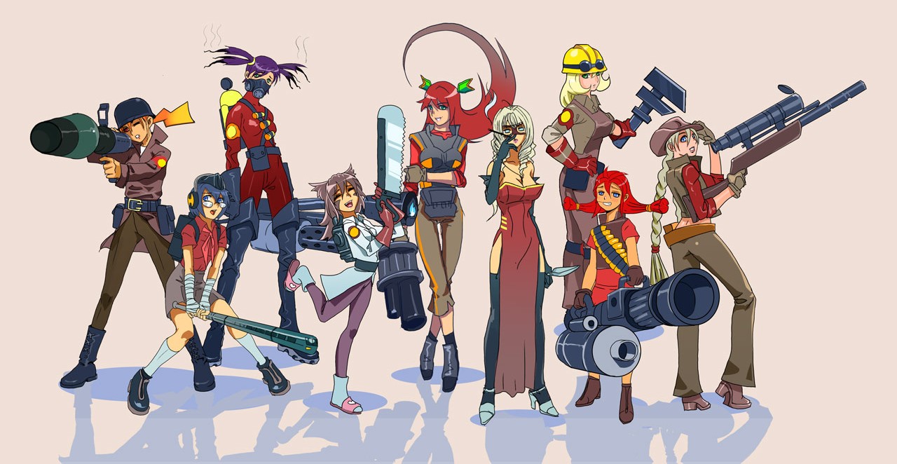 smolev, banhammer-tan, dvach-tan, excavator-tan, russia-onee-sama, slavya-chan, slavya-tan, unyl-chan, unyl-tan, ussr-tan, uvao-tan, vl80-tan, 2ch.ru, iichan.ru, original, ru-chans, team fortress 2, tf2, animal ears, bandages, blonde hair, blue eyes, boots, braid, brown hair, cat ears, cosplay, dress, everyone, gas mask, genderswap, gloves, green eyes, gun, hair ornament, helmet, kneehighs, long hair, mascot, missile, multiple girls, necktie, open mouth, orange hair, parody, purple hair, red eyes, red hair, short hair, shorts, smile, twintails, very long hair, weapon