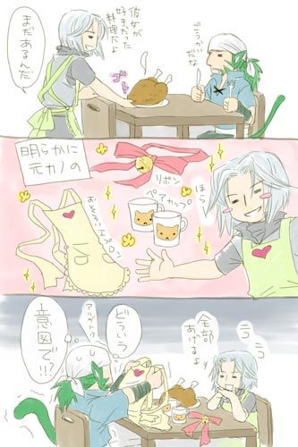laguz (fire emblem), muarim (fire emblem), zihark (fire emblem), fire emblem, fire emblem: path of radiance, fire emblem: radiant dawn, nintendo, silver hair, lowres, translation request, 2boys, apron, bandana, bird, chair, chicken, creature, food, fork, heart, knife, laguz (race), male focus, meat, multiple boys, on shoulder, plate, red eyes, short sleeves, sitting, table, talking, text focus, upper body
