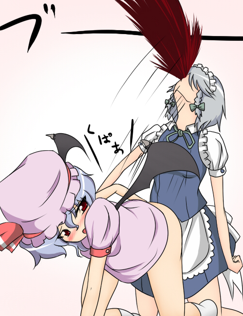 kuroa, izayoi sakuya, remilia scarlet, touhou, bad id, bad pixiv id, 2girls, age difference, all fours, blood, blue hair, blush, bottomless, clothes lift, dress, dress lift, excessive nosebleed, female focus, hat, kupaa, loli, looking back, multiple girls, no panties, nosebleed, onee-loli, ribbon, short hair, simple background, so moe i'm gonna die!, socks, wings, yuri