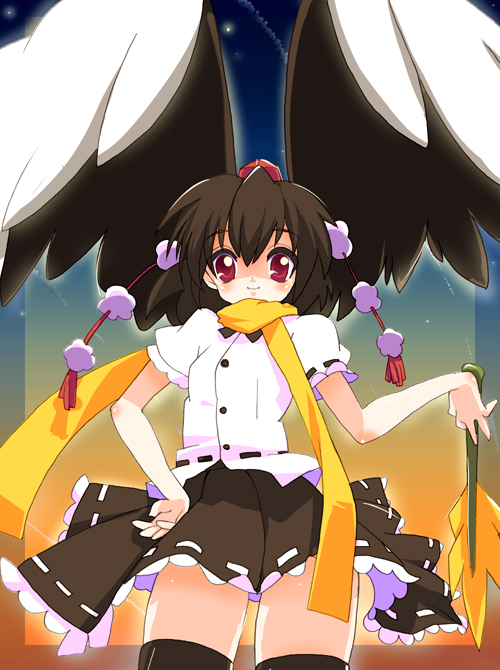 sora to umi, shameimaru aya, touhou, 1girl, black hair, female focus, gradient background, hat, ribbon, short hair, skirt, solo, wings