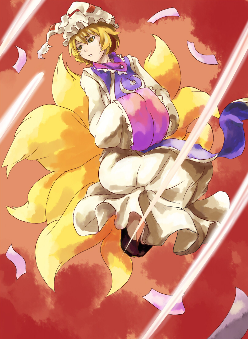 shibasaki shouji, yakumo ran, touhou, bad id, bad pixiv id, 1girl, animal ears, animal hat, blonde hair, female focus, fox ears, fox tail, full body, hands in opposite sleeves, hat, long sleeves, mob cap, multiple tails, shoes, short hair, solo, tail, tassel, wide sleeves