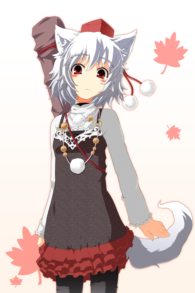 nejime, inubashiri momiji, touhou, bad id, bad pixiv id, 1girl, animal ears, blush, contemporary, female focus, gradient background, hat, plant, red eyes, short hair, solo, standing, tail, tokin hat, white hair, wolf ears, wolf tail