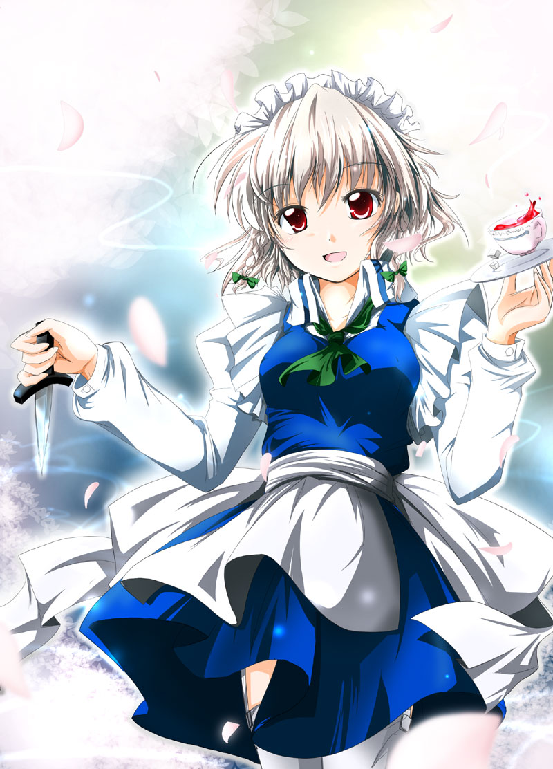 nanaume (shichimi tougarashi), izayoi sakuya, touhou, silver hair, bad id, bad pixiv id, 1girl, braid, cup, female focus, knife, maid, ribbon, short hair, solo, thighhighs, throwing knife, twintails, weapon, white thighhighs