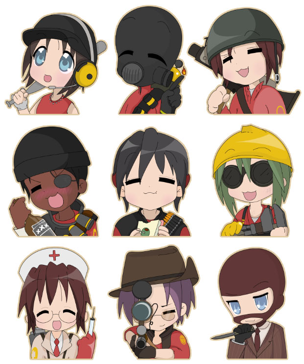 pencil-chan, demoman (tf2), engineer (tf2), heavy (tf2), medic (tf2), pyro (tf2), red demoman (tf2), red engineer (tf2), red heavy (tf2), red medic (tf2), red pyro (tf2), red scout (tf2), red sniper (tf2), red soldier (tf2), red spy (tf2), scout (tf2), sniper (tf2), soldier (tf2), spy (tf2), lucky star, team fortress 2, character request, gender request, 6+girls, :3, :t, = =, aiming, aiming at viewer, alcohol, balisong, bandaged hand, bandolier, baseball bat, belt, black hair, blazer, blue eyes, bottle, brown hair, chibi, closed eyes, cosplay, cowboy hat, cross, dark-skinned female, dark skin, everyone, explosive, eyepatch, fire, food, formal clothes, gas mask, genderswap, glasses, green hair, grenade, gun, hard hat, hat, headset, helmet, holding, holding baseball bat, jacket, jewelry, knife, mask, multiple girls, necklace, necktie, nurse, nurse cap, open mouth, overalls, parody, purple hair, red cross, rifle, rocket launcher, rpg (weapon), sandwich, sniper rifle, style parody, suit, sunglasses, syringe, the demoman (cosplay), the engineer (cosplay), the heavy (cosplay), the medic (cosplay), the pyro (cosplay), the scout (cosplay), the sniper (cosplay), the soldier (cosplay), the spy (cosplay), vest, weapon, wrench