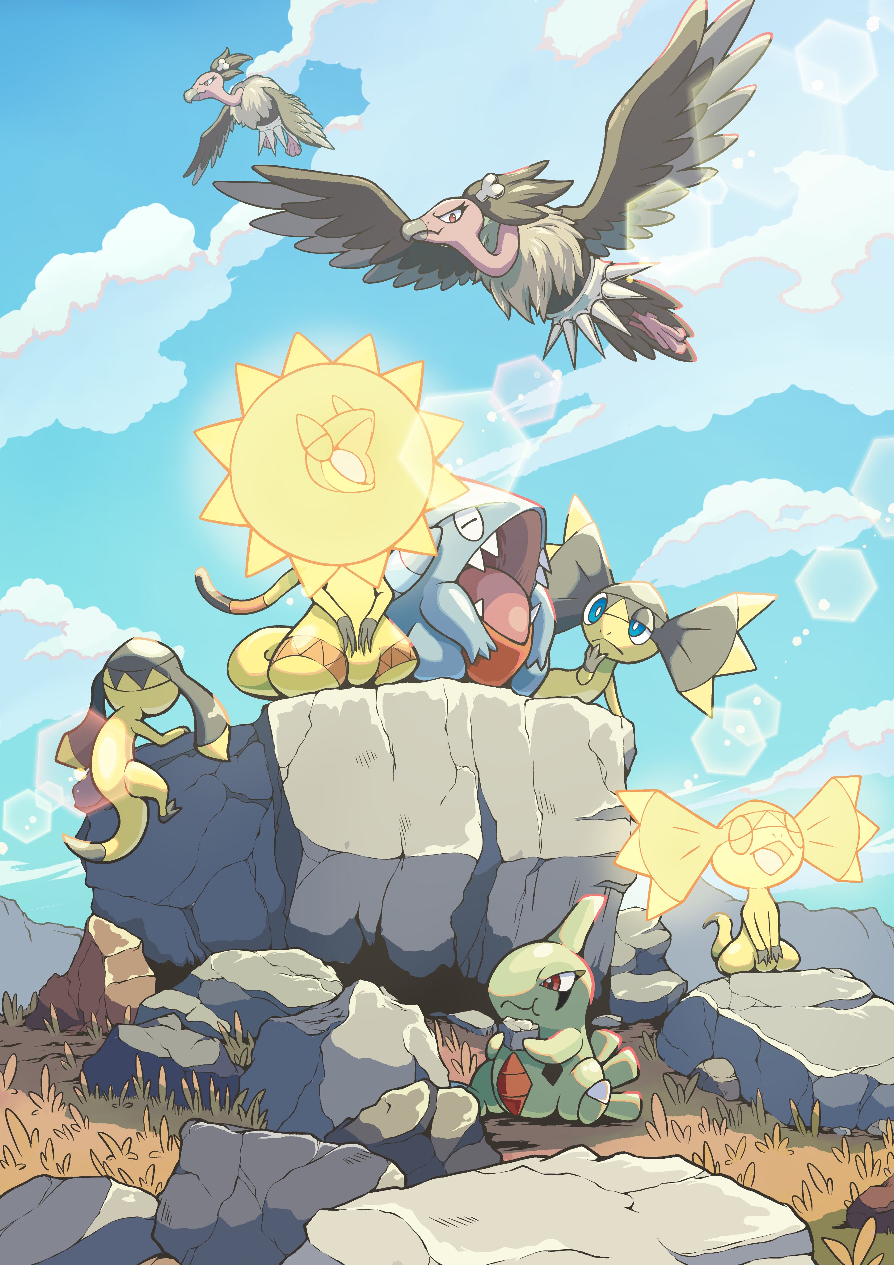 q-chan, gible, heliolisk, helioptile, larvitar, mandibuzz, nintendo, pokemon, absurdres, highres, bird, blue eyes, blue sky, closed eyes, closed mouth, cloud, day, eating, fangs, flying, gen 2 pokemon, gen 4 pokemon, gen 5 pokemon, gen 6 pokemon, glowing, holding, holding rock, no humans, open mouth, outdoors, pokemon (creature), pokemon focus, rock, sitting, sky, sunbathing, wings