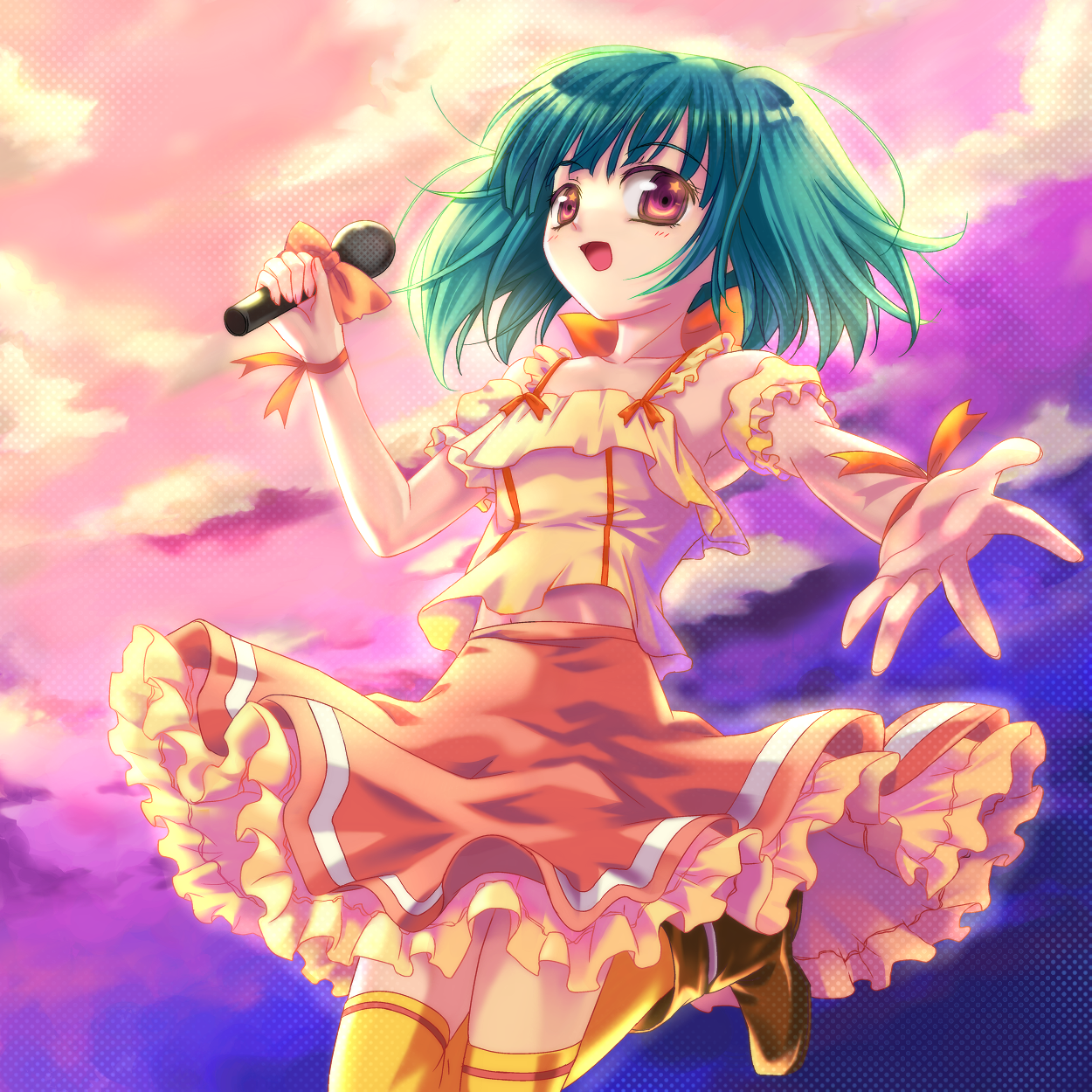 yaoto, ranka lee, macross, macross frontier, bad id, bad pixiv id, highres, 00s, green hair, microphone, music, ribbon, short hair, singing, solo, thighhighs