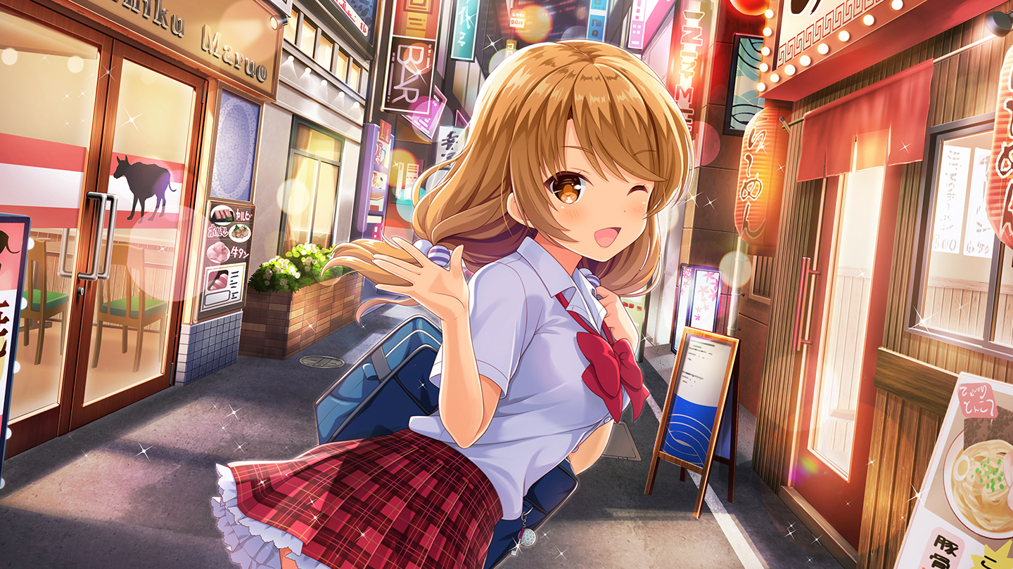 qp:flapper, tamai remi, girlfriend (kari), official art, tagme, 1girl, ;d, bag, bow, bowtie, brown eyes, brown hair, city, day, looking at viewer, low twintails, one eye closed, open mouth, outdoors, plaid clothes, plaid skirt, pleated skirt, red bow, red skirt, school uniform, shirt, skirt, smile, socks, solo, standing, twintails, white shirt, window