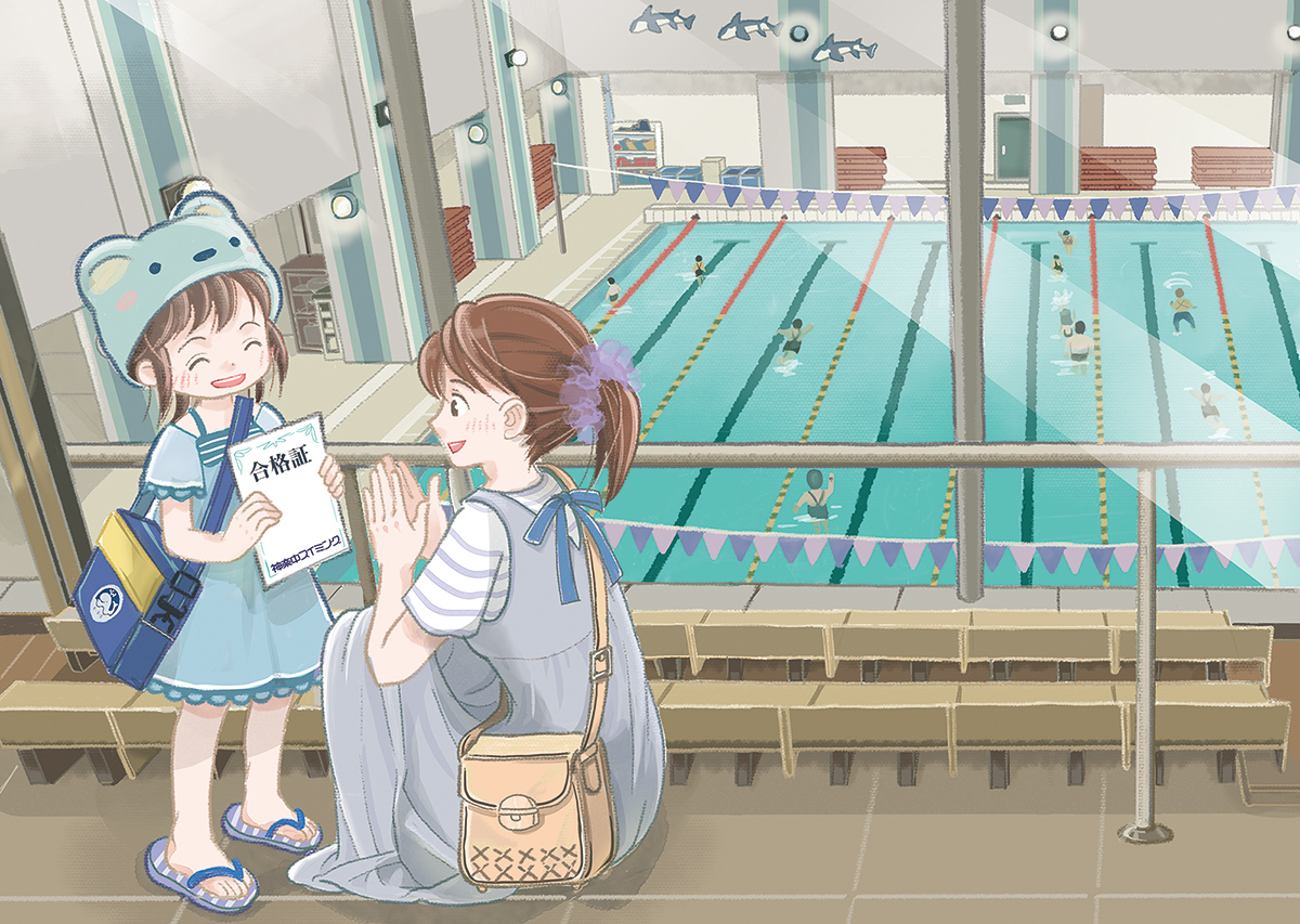 2girls, blue dress, brown hair, dress, mother and daughter, multiple girls, ponytail, pool