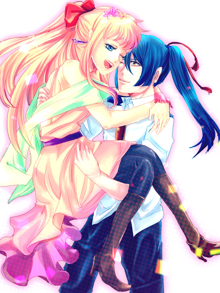 mayuge seggou, saotome alto, sheryl nome, macross, macross frontier, bad id, bad pixiv id, 00s, 1boy, 1girl, blonde hair, blue hair, carrying, couple, hetero, long hair, one eye closed, ponytail, wink