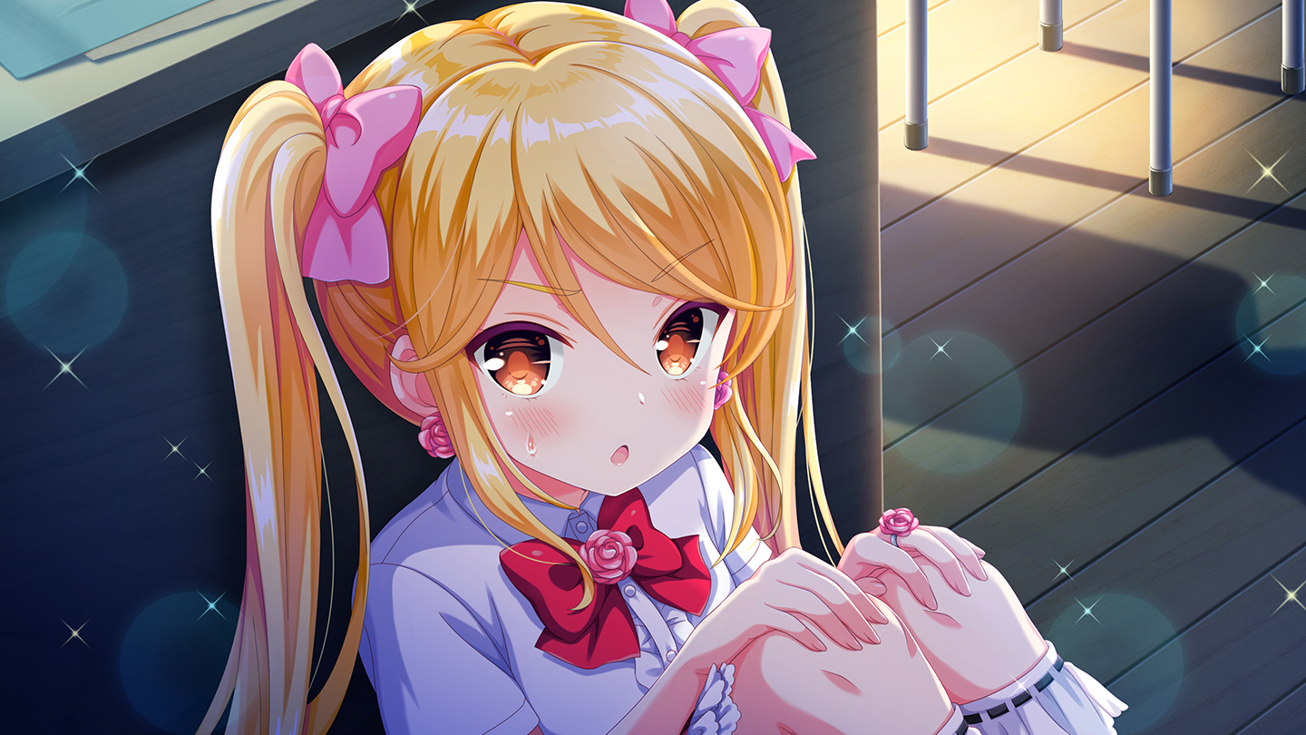qp:flapper, tokitani koruri, girlfriend (kari), platform footwear, white legwear, official art, 1girl, :o, blonde hair, bow, bowtie, earrings, flower, frilled thigh strap, hair bow, hands on own knees, jewelry, long hair, looking at viewer, night, open mouth, outdoors, pink flower, pink rose, plaid clothes, plaid skirt, red bow, red skirt, ribbon, rose, school uniform, shirt, sitting, skirt, solo, thigh strap, twintails, white shirt