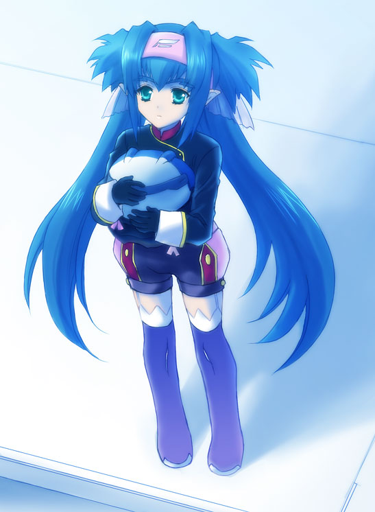 michon, takasato michi, klan klein, macross, macross frontier, 00s, blue eyes, blue hair, gloves, headband, kneehighs, long hair, pointy ears, socks, solo, twintails