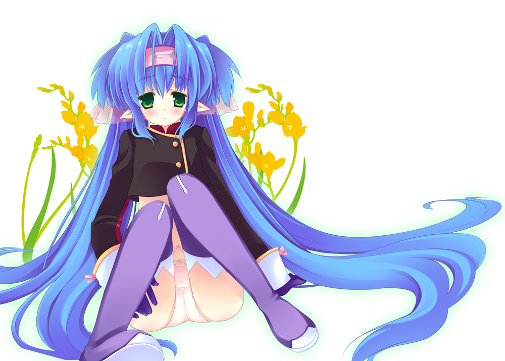 natsume eri, klan klein, macross, macross frontier, bad id, bad pixiv id, 00s, 1girl, blue hair, boots, female focus, headband, long hair, panties, purple boots, socks, solo, thighhighs, twintails, underwear