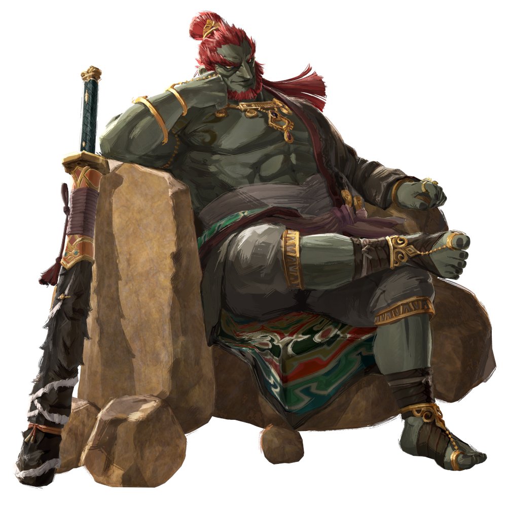 ganondorf, hyrule warriors: age of imprisonment, nintendo, the legend of zelda, the legend of zelda: tears of the kingdom, official art, 1boy, colored skin, earrings, facial hair, full body, gerudo, jewelry, long hair, male focus, red hair, sheath, sheathed, simple background, sitting, solo, sword, weapon, white background