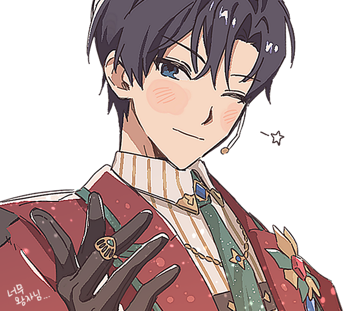 qjsldgkxm, hidaka hokuto, ensemble stars!, commentary request, korean commentary, translation request, 1boy, black gloves, black hair, blue eyes, closed mouth, collared shirt, gloves, green necktie, hand up, headset, jewelry, looking at viewer, male focus, necktie, official alternate costume, one eye closed, ring, shirt, short hair, smile, solo, star (symbol), upper body, xday (ensemble stars!)