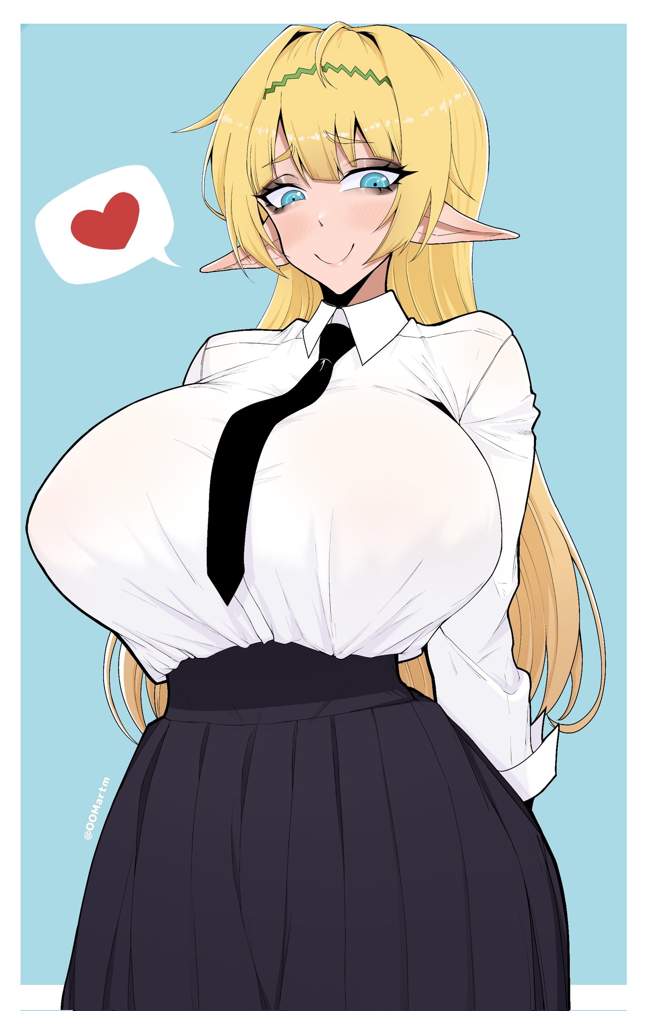 shera l. greenwood, isekai maou to shoukan shoujo no dorei majutsu, commentary, corrupted twitter file, highres, 1girl, arms behind back, black eyeshadow, black necktie, black skirt, blonde hair, blue background, blue eyes, blunt bangs, blush, border, breasts, closed mouth, collared shirt, cowboy shot, eyelashes, eyeshadow, heart, huge breasts, long hair, looking at viewer, makeup, necktie, nose, oomartm, pleated skirt, pointy ears, shirt, sidelocks, simple background, skirt, smile, solo, spoken heart, twitter username, white border, white shirt