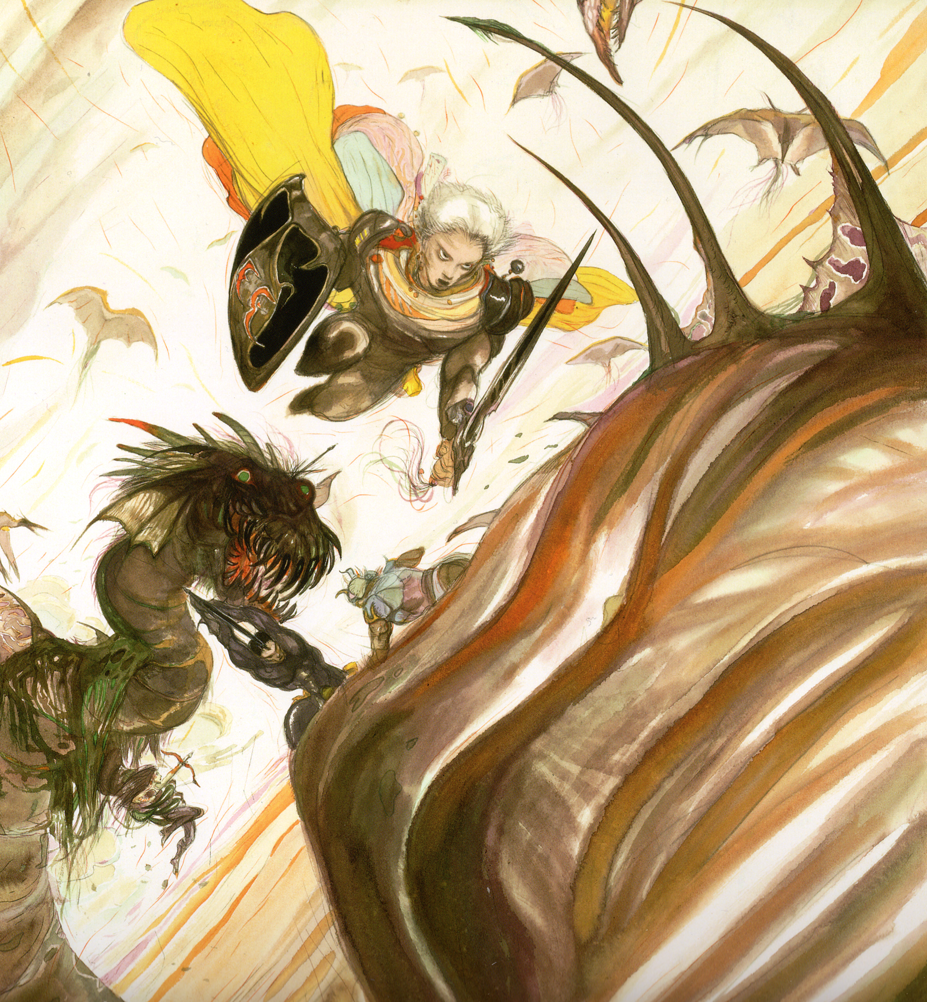 amano yoshitaka, firion, guy (ff2), leon (ff2), maria (ff2), final fantasy, final fantasy ii, 1980s (style), absurdres, highres, official art, 1990s (style), 1girl, 3boys, armor, bow (weapon), cape, helmet, monster, multiple boys, oldschool, retro artstyle, shield, sword, weapon