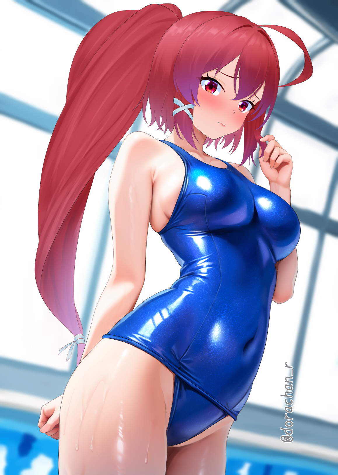 dorachan r, i-168 (kancolle), kantai collection, highres, 1girl, ahoge, blue one-piece swimsuit, blush, covered navel, cowboy shot, hair ornament, hair ribbon, long hair, navel, old school swimsuit, one-piece swimsuit, ponytail, pool, red eyes, red hair, ribbon, school swimsuit, school uniform, serafuku, smile, swimsuit, swimsuit under clothes, twitter username, water, wet