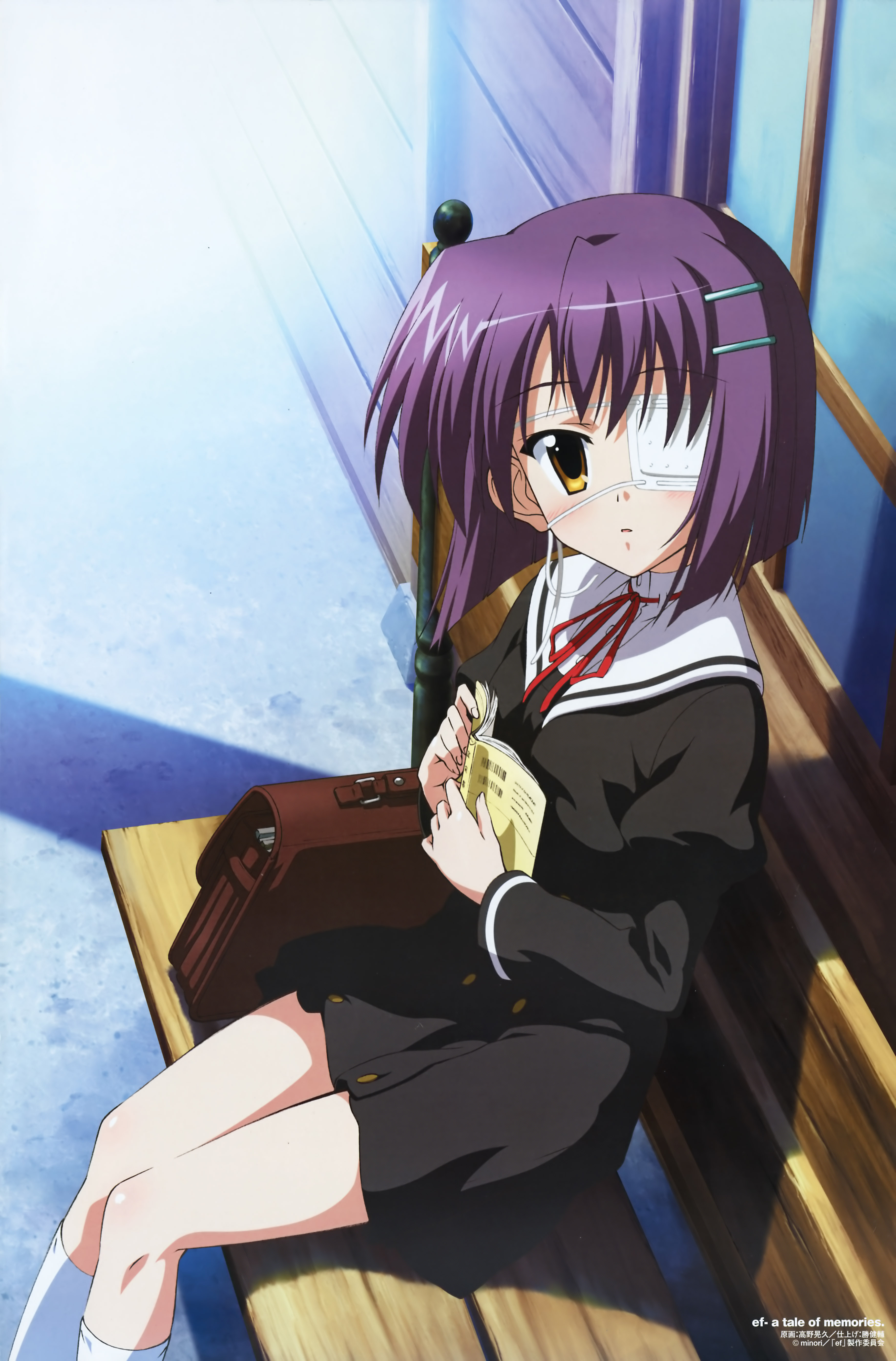 takano akihisa, shindou chihiro, comp h's, ef (visual novel), absurdres, highres, official art, scan, 00s, 1girl, bag, bench, eyepatch, female focus, hair ornament, hairclip, purple hair, school uniform, serafuku, short hair, sitting, solo, yellow eyes
