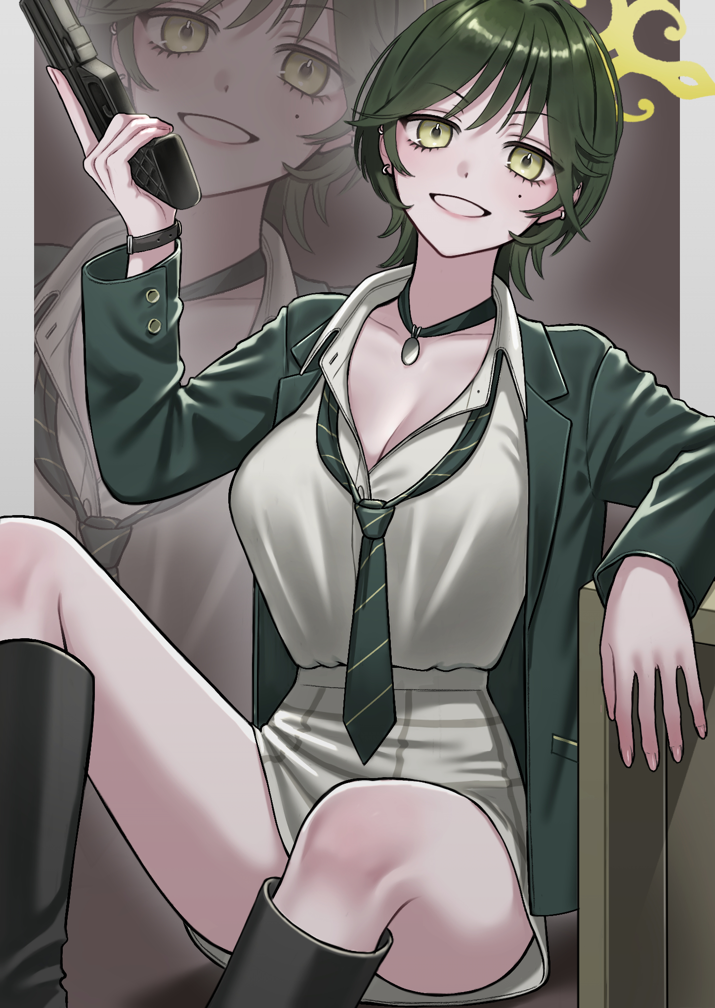 omochi0142, fuyu (blue archive), blue archive, hazel eyes, highres, black jacket, boots, breasts, choppy bangs, cleavage, diagonal-striped clothes, diagonal-striped necktie, earrings, green halo, gun, halo, holding, holding gun, holding weapon, jacket, jewelry, looking at viewer, mole, mole on cheek, necktie, open clothes, open jacket, partially open shirt, r9 arms (gun), sitting, smile, striped clothes, striped necktie, trigger discipline, undone necktie, weapon, wolf cut, zoom layer