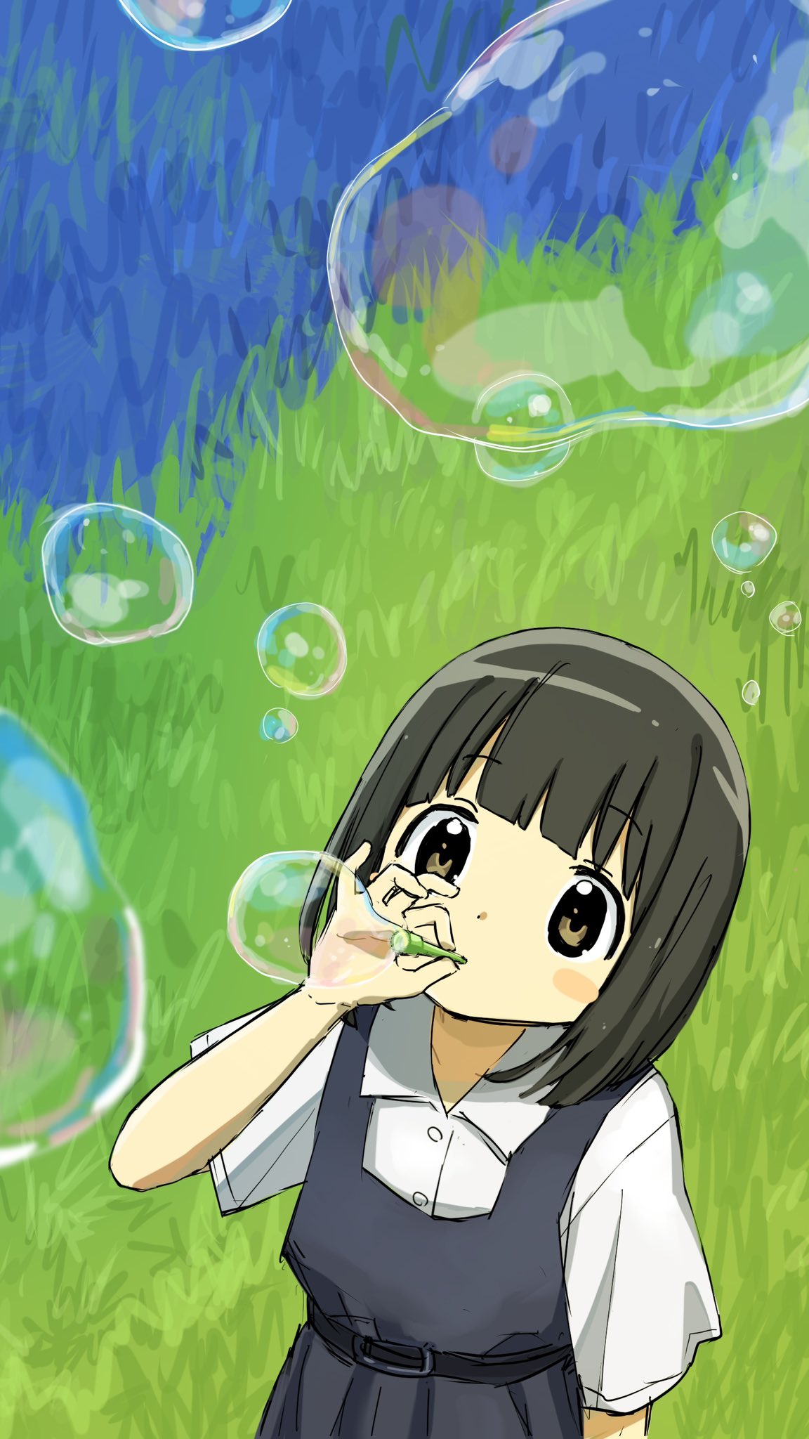 original, highres, 1girl, black hair, blowing bubbles, blush stickers, brown eyes, bubble pipe, chawanwan, collared shirt, dress, from above, grass, medium hair, outdoors, pinafore dress, shirt, short sleeves, sleeveless, sleeveless dress, soap bubbles, solo, tareme, white shirt