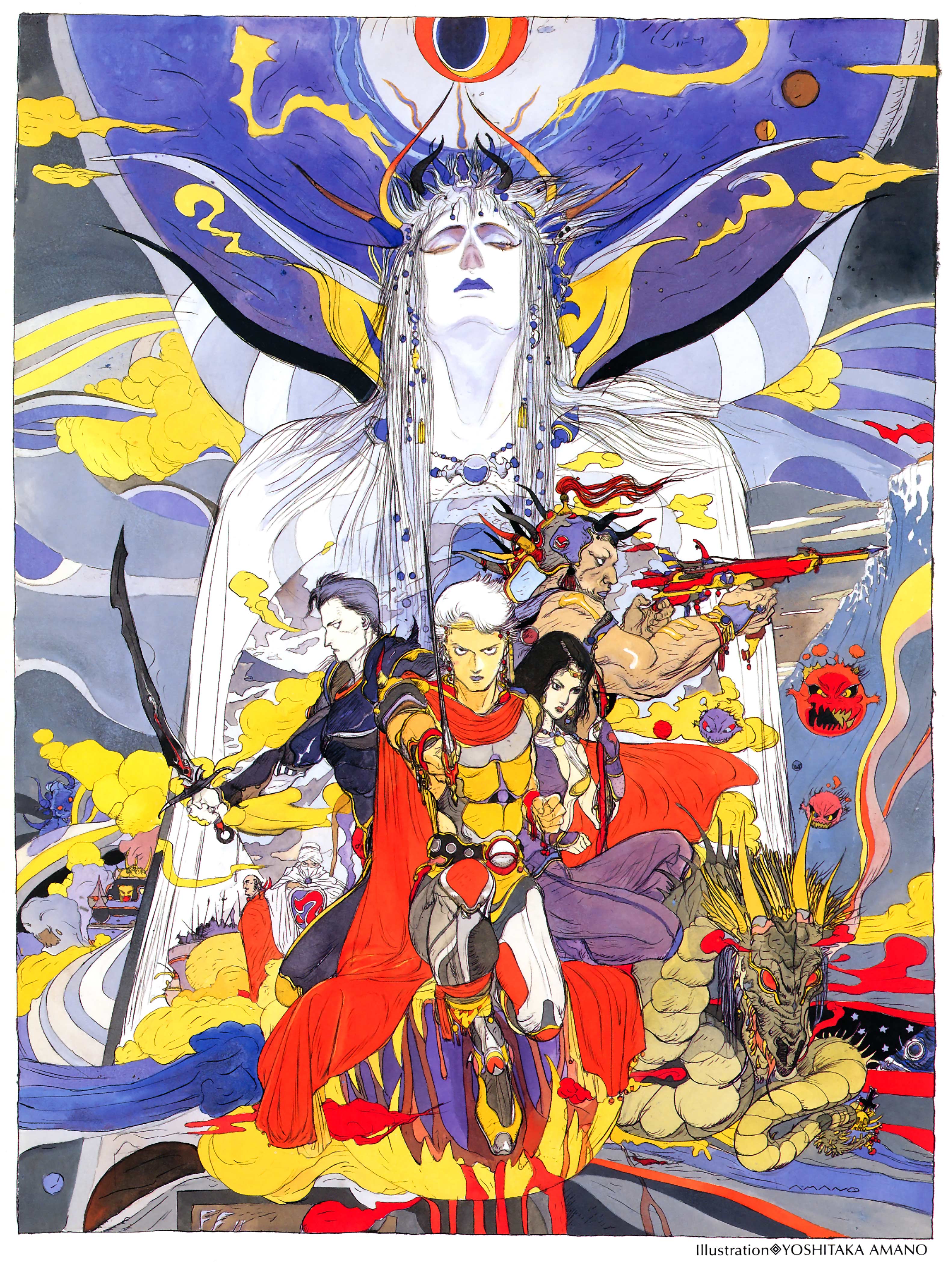 amano yoshitaka, bomb (final fantasy), emperor (ff2), emperor mateus, firion, guy (ff2), josef, leon (ff2), maria (ff2), minwu, final fantasy, final fantasy ii, 1980s (style), absurdres, highres, official art, 1990s (style), 6+boys, armor, bald, black hair, bow (weapon), cape, crossbow, dragon, male focus, monster, multiple boys, oldschool, retro artstyle, shield, sword, weapon, white hair