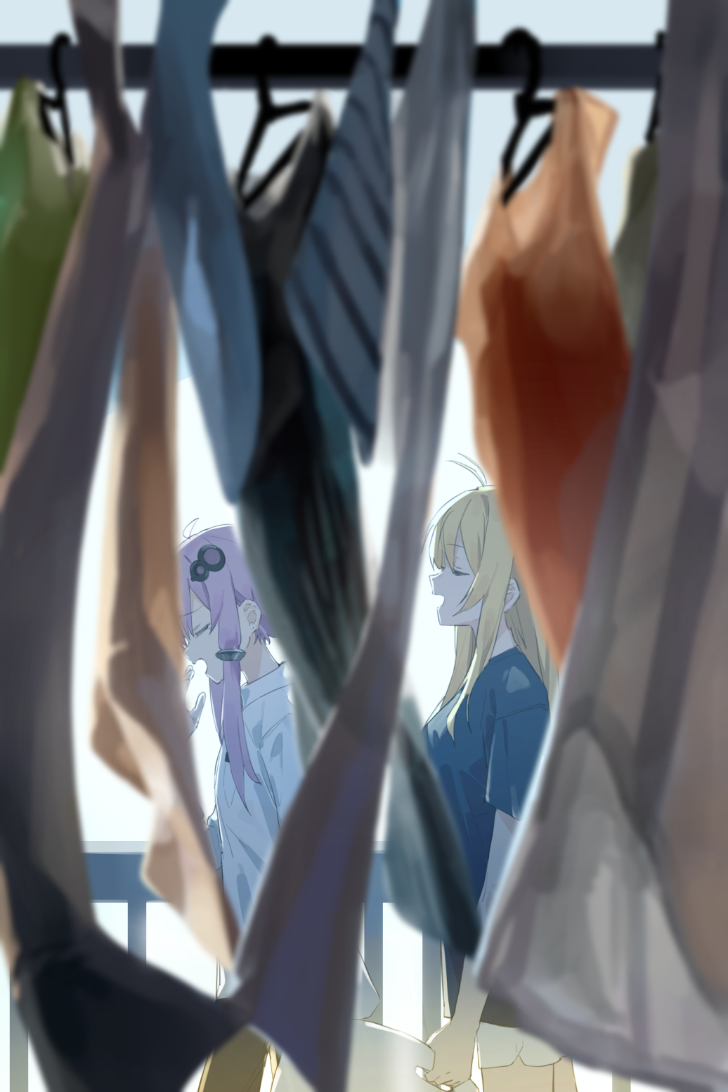 hitogome, tsurumaki maki, yuzuki yukari, voiceroid, highres, 2girls, ahoge, antenna hair, backlighting, blonde hair, blue shirt, blurry, blurry foreground, bra, closed eyes, clothes hanger, hair ornament, laundry, laundry basket, multiple girls, open mouth, panties, profile, purple hair, railing, shirt, short hair with long locks, short shorts, shorts, underwear, unworn bra, unworn panties, unworn shirt, white shirt, white shorts