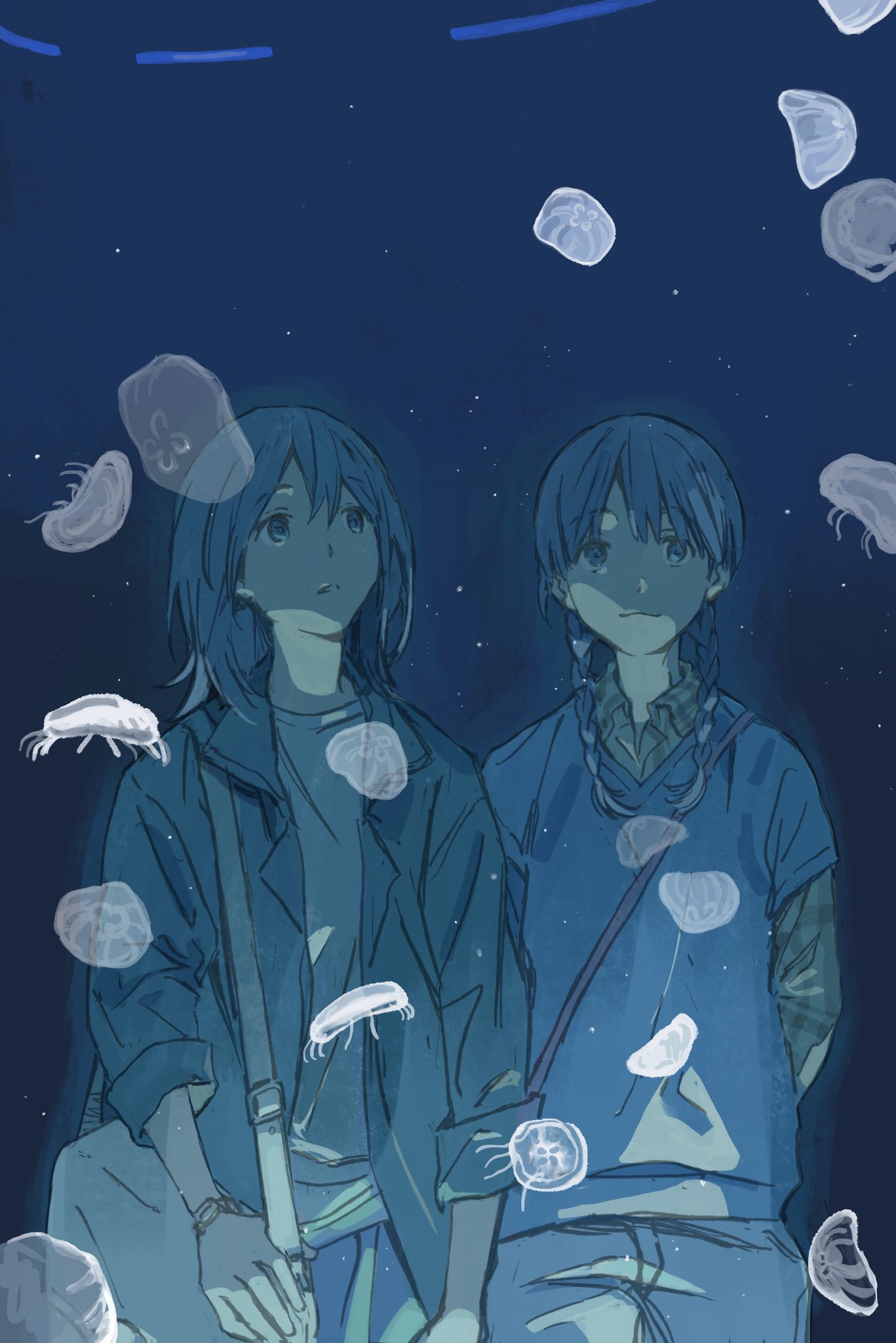 kgeroua, original, commentary, highres, symbol-only commentary, 2girls, aquarium, arms behind back, bag, blue shirt, blue theme, braid, collared shirt, jellyfish, lapels, layered sleeves, long sleeves, low twin braids, medium hair, multiple girls, notched lapels, parted lips, shirt, short over long sleeves, short sleeves, shoulder bag, sleeves rolled up, twin braids, watch, wristwatch