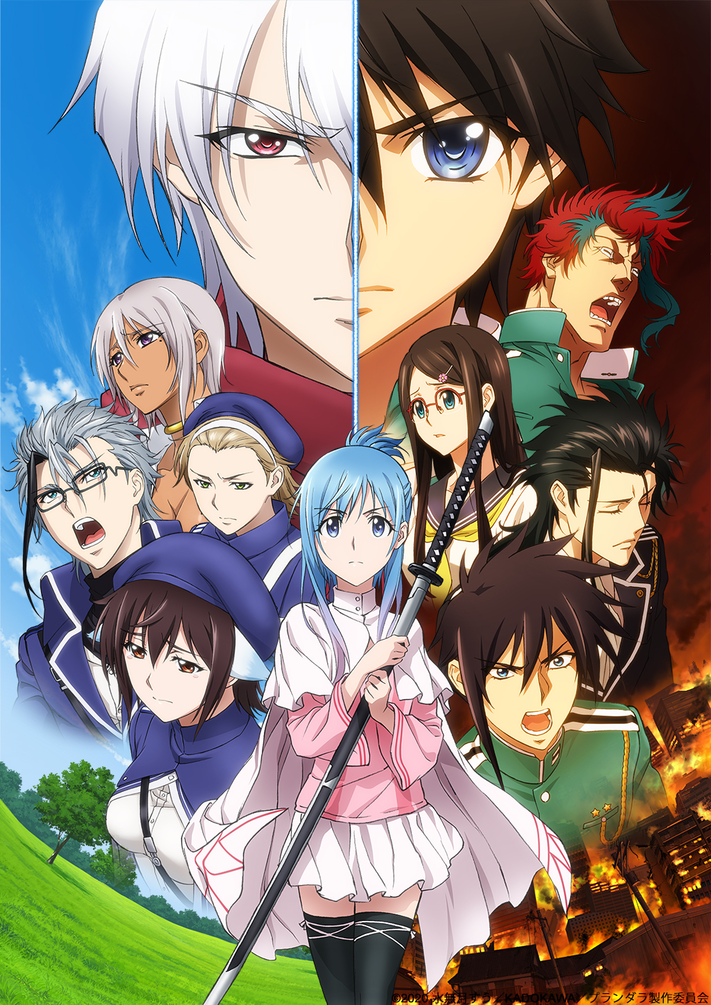 gespenst zerlegen, hina (plunderer), jail murdoch, licht bach, lyne mei (plunderer), nana bassler, plunderer, artist request, commentary request, highres, key visual, official art, promotional art, 4girls, 6+boys, alan (plunderer), anime coloring, black-framed eyewear, black hair, black jacket, black sailor collar, black streaks, black thighhighs, blonde hair, blue eyes, blue hair, blue hat, blue jacket, bracelet, breasts, brown hair, burning, burning building, cape, city, closed eyes, copyright notice, dark-skinned female, dark skin, day, douan taketora, facing ahead, frown, furrowed brow, glasses, green eyes, green jacket, green streaks, grey hair, hair between eyes, hair ornament, hair pulled back, hairclip, hat, holding, holding sword, holding weapon, jacket, jewelry, katana, long hair, long sidelocks, long sleeves, looking at viewer, medium breasts, military uniform, miniskirt, mole, mole under eye, multicolored hair, multiple boys, multiple girls, nature, neck ring, neckerchief, night, open mouth, over-rim eyewear, parted lips, pink shirt, purple hair, rectangular eyewear, red-framed eyewear, red eyes, red hair, sailor collar, sailor shirt, sakai rihito, sakai tokikaze, semi-rimless eyewear, shirt, short hair, side part, sidelocks, skirt, sky, sonohara mizuka, split screen, split theme, standing, streaked hair, sword, teeth, thighhighs, tree, v-shaped eyebrows, weapon, white cape, white shirt, white skirt, yellow neckerchief, zettai ryouiki