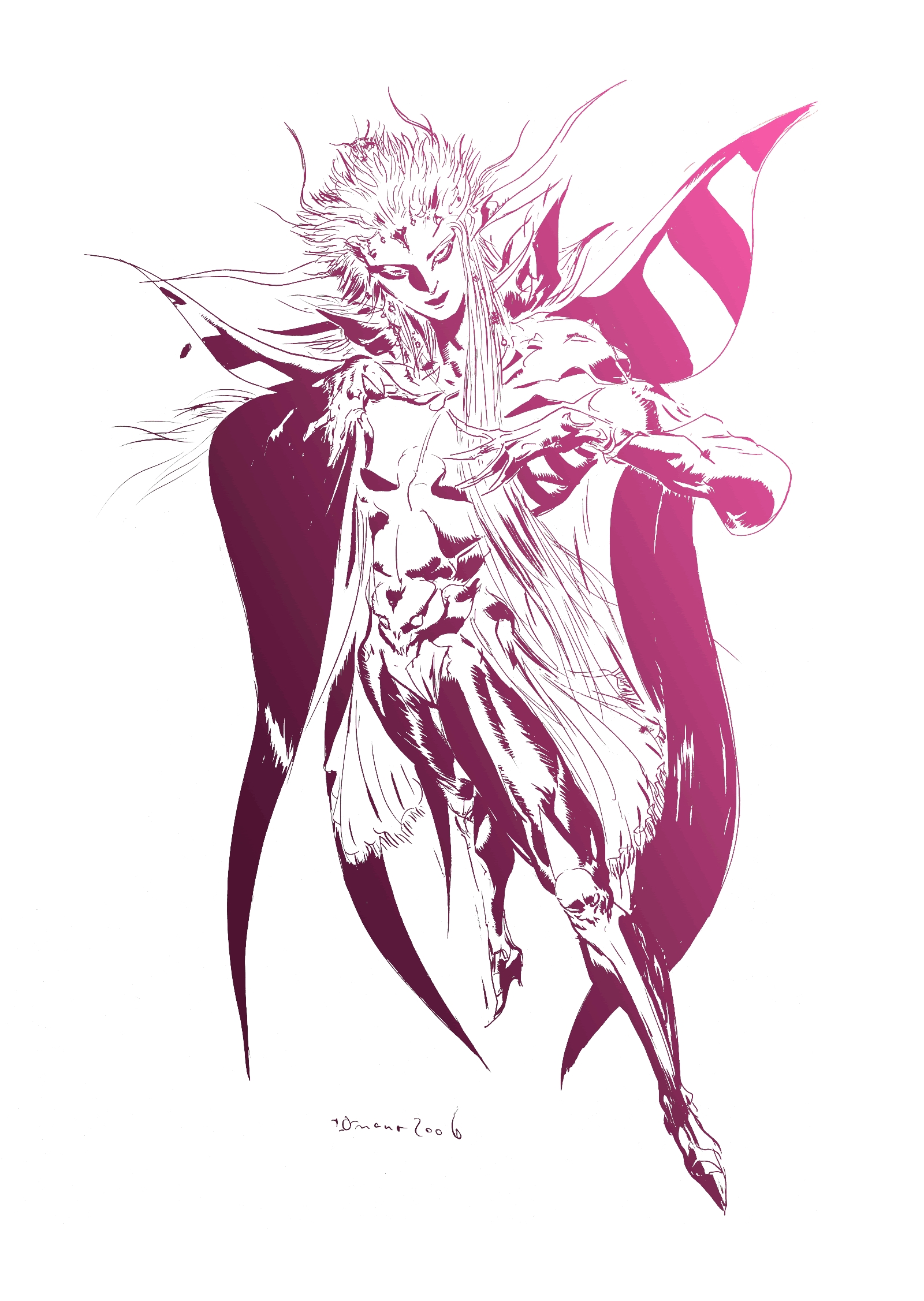 amano yoshitaka, emperor (ff2), emperor mateus, final fantasy, final fantasy ii, 1980s (style), highres, official art, 00s, 1boy, 2006, androgynous, armor, male focus, monochrome, signature, smile, solo, white background