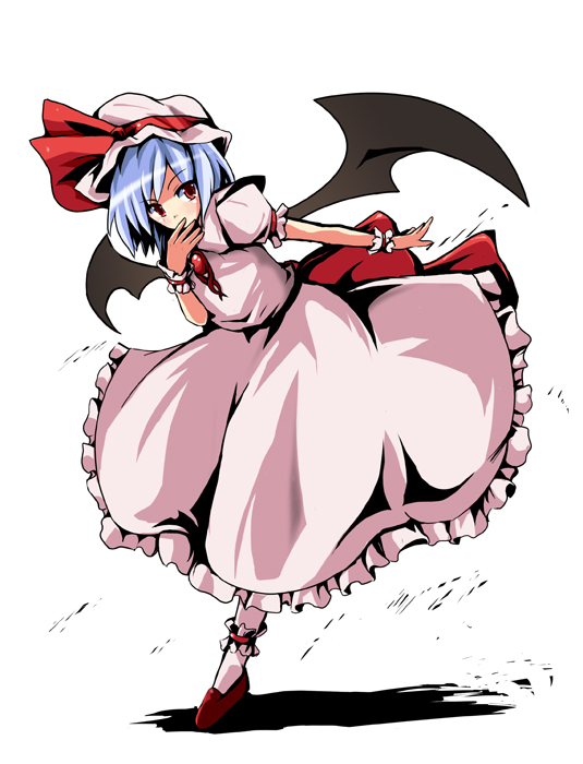 fa no hito, remilia scarlet, touhou, bad id, bad pixiv id, 1girl, bat wings, blue hair, covering own mouth, female focus, full body, hand over own mouth, hat, red eyes, ribbon, short hair, simple background, solo, standing, standing on one leg, wings, wrist cuffs