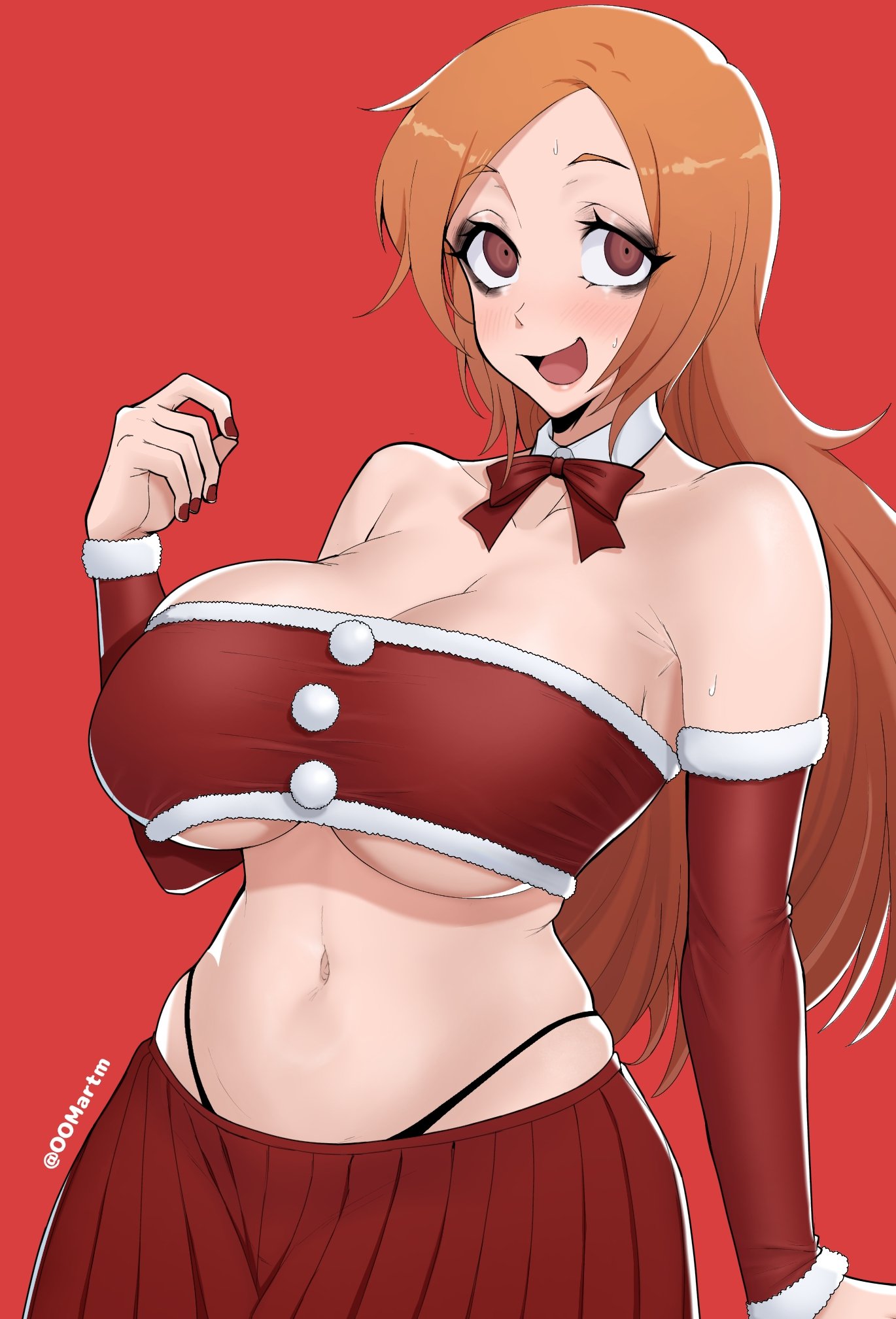 inoue orihime, bleach, commentary, english commentary, highres, 1girl, armpit crease, bare shoulders, black eyeshadow, black panties, blush, breasts, brown eyes, cleavage, collar, collarbone, cowboy shot, detached collar, detached sleeves, eyelashes, eyeshadow, fur-trimmed sleeves, fur-trimmed tube top, fur trim, hand up, large breasts, long hair, looking at viewer, makeup, midriff, navel, neck ribbon, nose, oomartm, open mouth, orange hair, panties, pleated skirt, red background, red nails, red ribbon, red skirt, red sleeves, red tube top, ribbon, santa costume, simple background, skindentation, skirt, smile, solo, strapless, sweat, tube top, twitter username, underwear, white collar