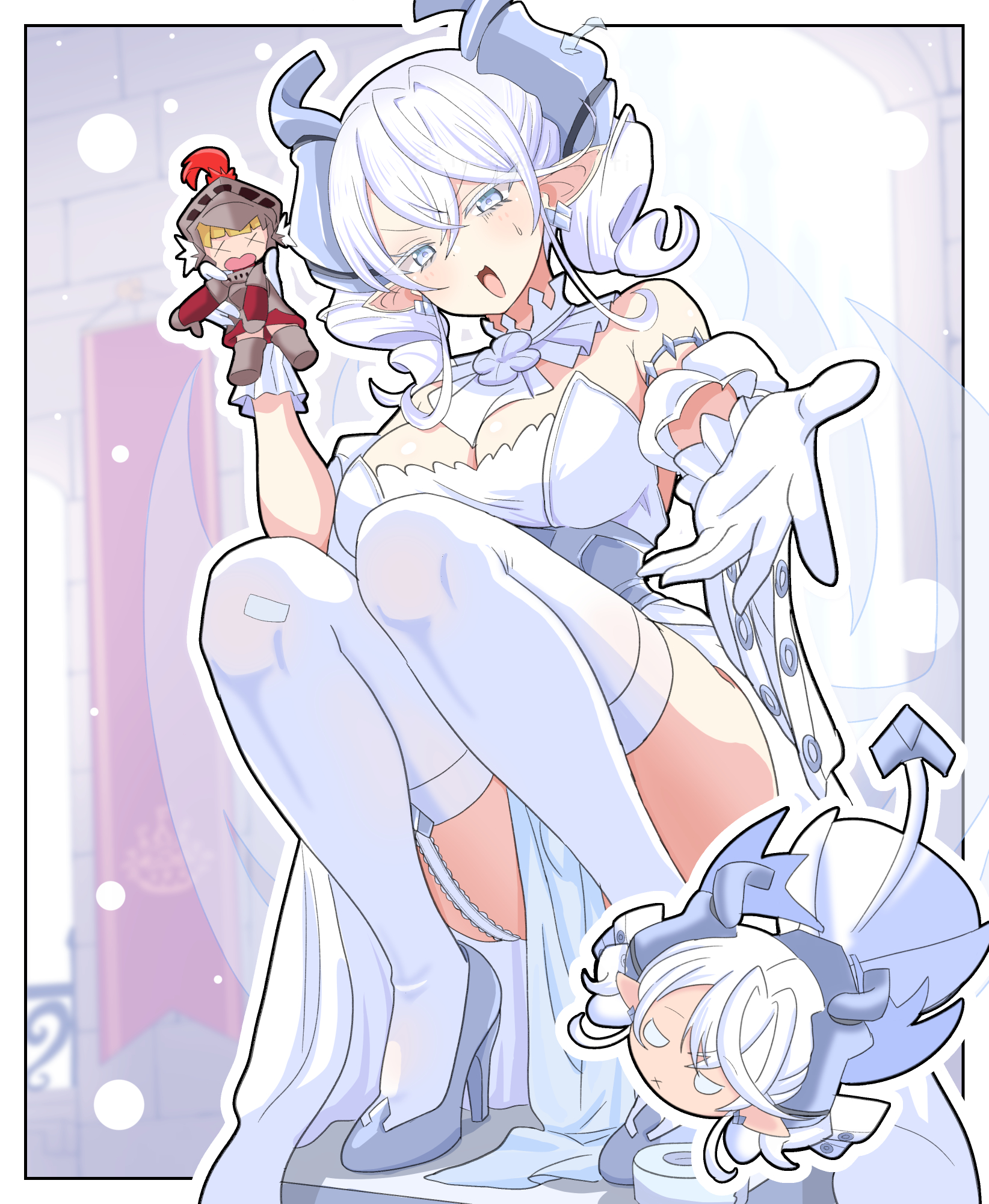 daiichi (k daiiti), knight (yu-gi-oh!), lovely labrynth of the silver castle, yu-gi-oh!, highres, 1girl, armored corset, bare shoulders, breasts, character doll, cleavage, demon girl, demon horns, demon tail, demon wings, detached collar, doll, dress, drill hair, duel monster, garter straps, gloves, grey corset, grey eyes, grey hair, high heels, holding, holding doll, horns, large breasts, looking at viewer, low wings, medium hair, multiple wings, open mouth, pointy ears, solo, squatting, strapless, strapless dress, tail, thighhighs, transparent wings, twin drills, white dress, white hair, white horns, white thighhighs, wings