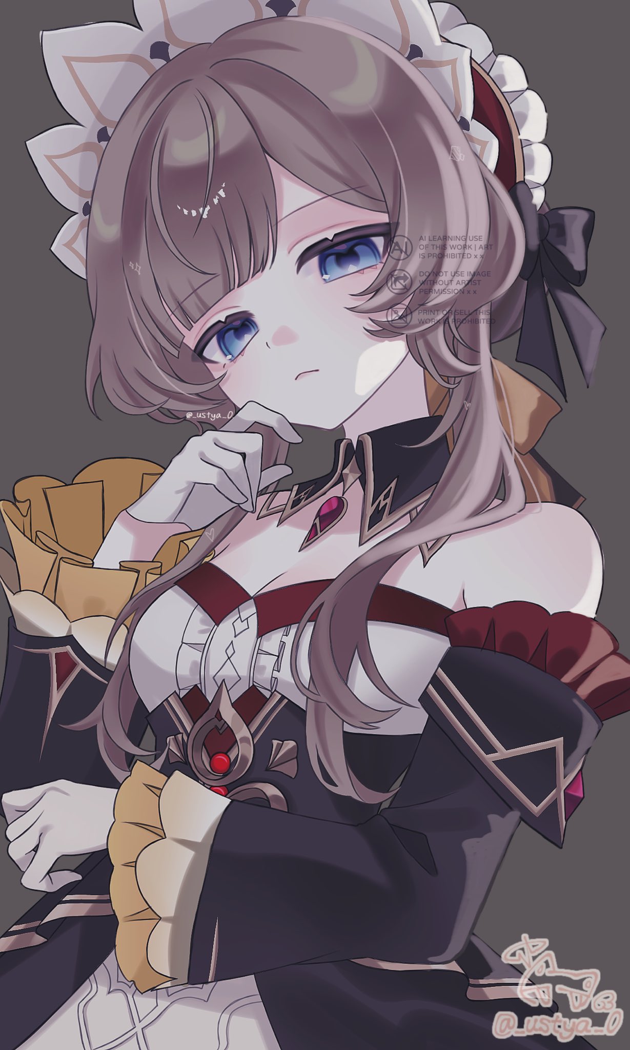 sandrone (genshin impact), genshin impact, highres, 1girl, artist name, bare shoulders, black collar, black dress, black sleeves, blue eyes, brown hair, collar, detached collar, detached sleeves, dress, gloves, grey background, long sleeves, looking at viewer, multicolored dress, short hair with long locks, simple background, solo, upper body, ustya 0, white dress, white gloves, white headdress