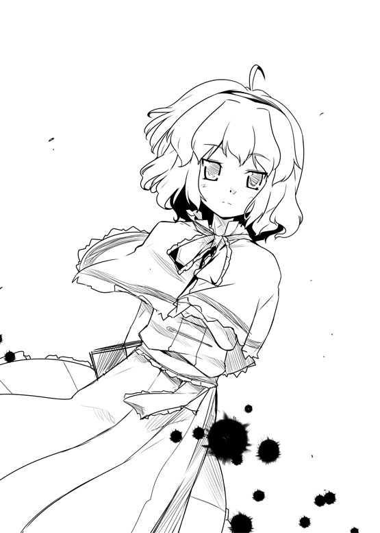 kiku hitomoji, tora tooru, toru tooru, alice margatroid, touhou, 1girl, ahoge, capelet, cowboy shot, dress, dutch angle, female focus, greyscale, looking at viewer, monochrome, short hair, simple background, solo, white background