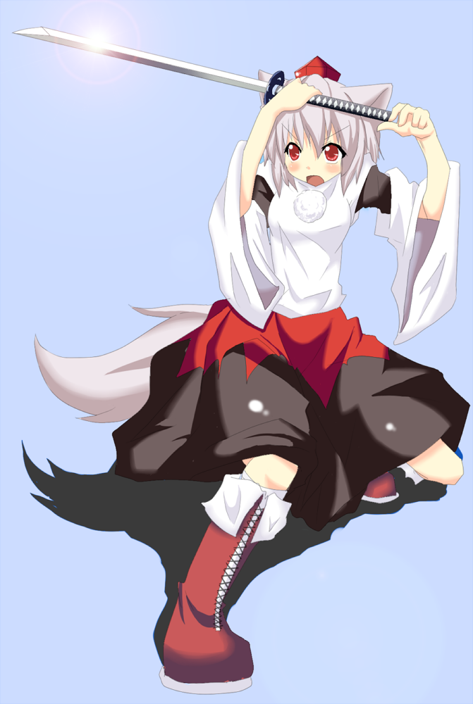 suna (sunaipu), sunaipu, inubashiri momiji, touhou, silver hair, 1girl, animal ears, female focus, hat, katana, short hair, solo, sword, tail, weapon, wolf ears, wolf tail