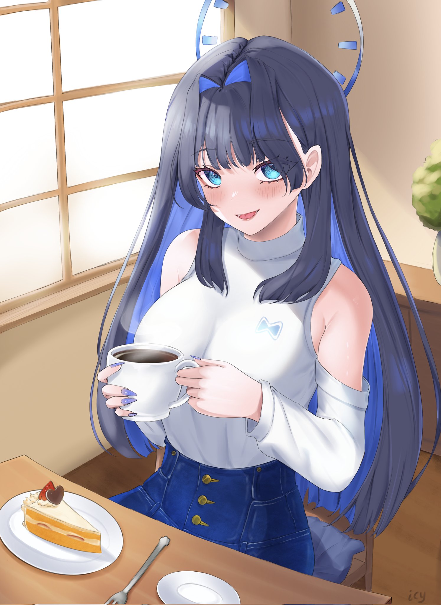 icy artzy, ouro kronii, ouro kronii (casual), hololive, hololive english, commentary, english commentary, highres, 1girl, bare shoulders, blue eyes, blue hair, blue nails, blue pants, blush, breasts, cake, cake slice, clothing cutout, colored inner hair, cup, denim, fingernails, food, hair intakes, high-waist pants, holding, holding cup, indoors, jeans, large breasts, long hair, long sleeves, looking at viewer, multicolored hair, nail polish, official alternate costume, official alternate hairstyle, open mouth, pants, parted hair, plate, shirt, shoulder cutout, sitting, smile, solo, steaming cup, table, turtleneck, turtleneck shirt, virtual youtuber, white shirt, window, wispy bangs