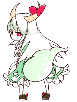 as (ashyblown), ex-keine, kamishirasawa keine, touhou, animated, animated gif, lowres, chibi, female focus, horns, solo, sweatdrop, tail, tail wagging