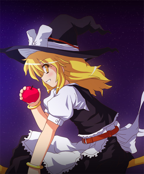etogami kazuya, kirisame marisa, touhou, 1girl, apple, apron, bad apple!!, belt, blonde hair, bow, bracelet, dress, female focus, food, fruit, grin, hat, hat bow, holding, jewelry, long hair, smile, solo, waist apron, witch hat, yellow eyes