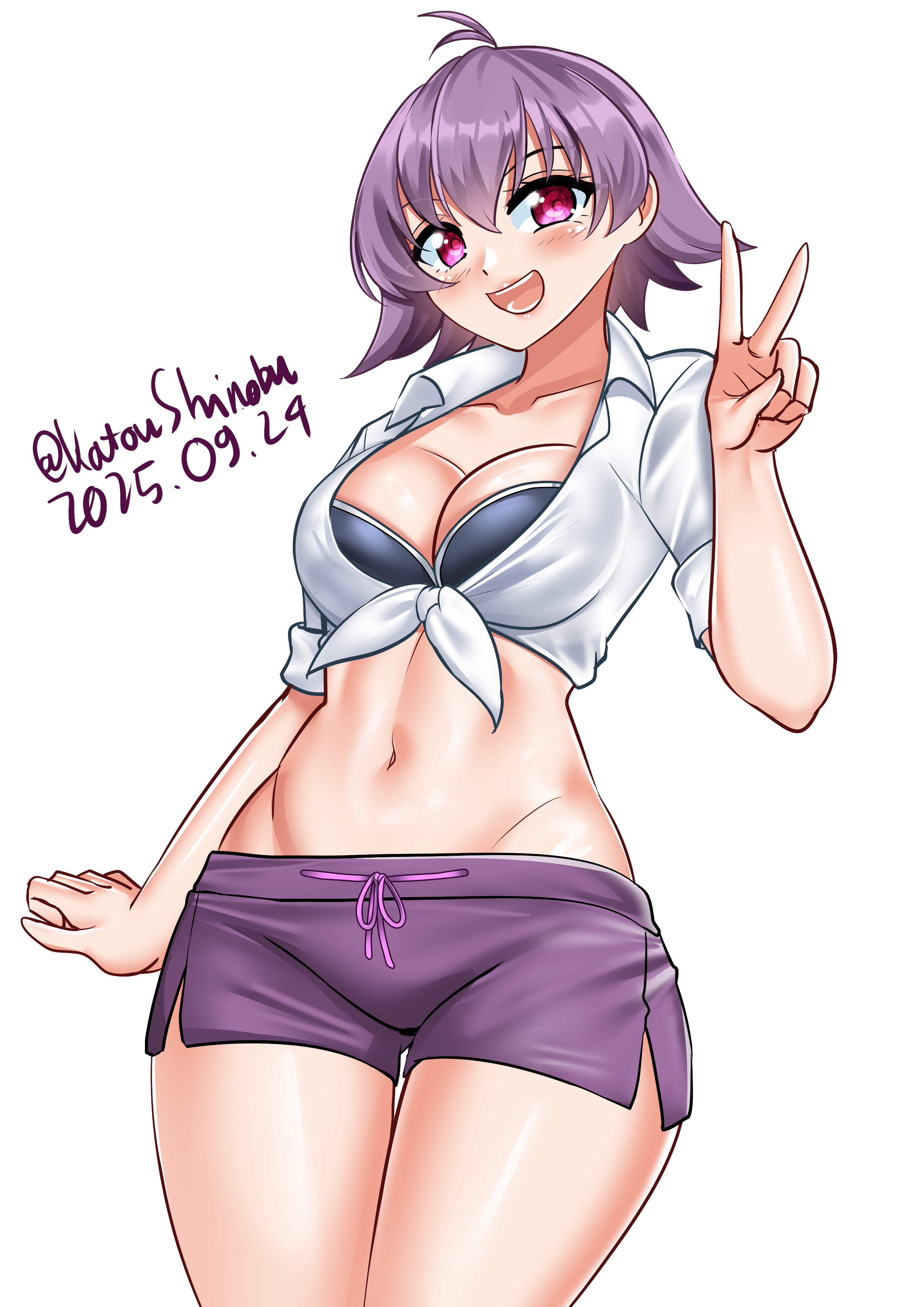 katou shinobu, noshiro (kancolle), noshiro (swimsuit) (kancolle), sakawa (kancolle), kantai collection, absurdres, highres, 1girl, ahoge, antenna hair, bikini, bikini top under shirt, bikini under clothes, breasts, cleavage, cosplay, cowboy shot, dated, looking at viewer, navel, noshiro (kancolle) (cosplay), one-hour drawing challenge, open mouth, purple eyes, purple hair, purple shorts, shirt, short hair, shorts, simple background, smile, solo, stomach, swimsuit, tied shirt, twitter username, v, white background, white shirt