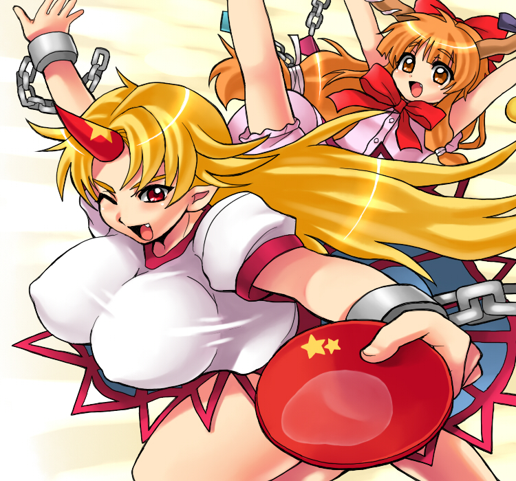 inaho, hoshiguma yuugi, ibuki suika, touhou, bad id, bad pixiv id, 2girls, ;d, alcohol, alternate costume, arms up, blonde hair, blush, bow, bowl, breasts, buruma, chain, covered erect nipples, cuffs, cup, dress, fang, female focus, flat chest, gym uniform, hair bow, hair ornament, horn ornament, horn ribbon, horns, huge breasts, impossible clothes, impossible shirt, jumping, long hair, multiple girls, one eye closed, oni, open mouth, orange eyes, orange hair, pointy ears, ponytail, red eyes, ribbon, sakazuki, sake, shirt, single horn, skirt, sleeveless, smile, star (symbol), very long hair, wink