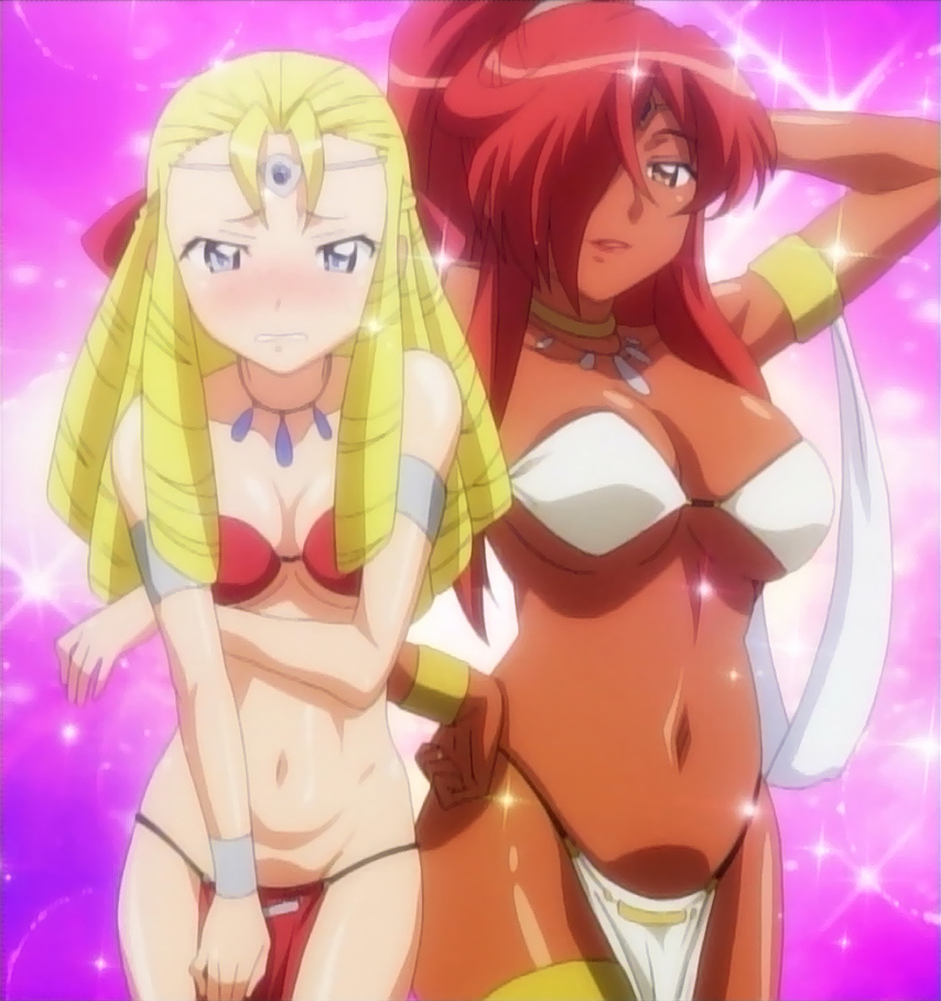 kirche augusta frederica von anhalt zerbst, montmorency margarita la fere de montmorency, zero no tsukaima, anime screenshot, stitched, third-party edit, 00s, 2girls, arabian clothes, arms behind back, arms up, bikini, bikini top only, blonde hair, blue eyes, blush, dark-skinned female, dark skin, embarrassed, forehead, freckles, hair slicked back, lipstick, loincloth, long hair, makeup, multiple girls, orange eyes, red hair, swimsuit