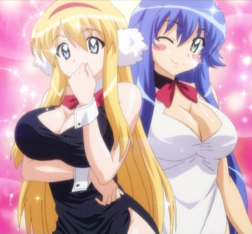 sylpheed, tiffania westwood, zero no tsukaima, anime screenshot, stitched, third-party edit, 00s, 2girls, blonde hair, blue eyes, blue hair, bow, bowtie, breasts, green eyes, huge breasts, long hair, multiple girls, one eye closed, wink, wrist cuffs
