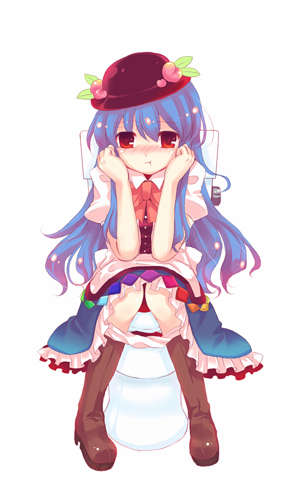 kirero, hinanawi tenshi, touhou, 1girl, :t, blue hair, blush, female focus, food, fruit, hat, long hair, peach, solo, toilet, toilet use
