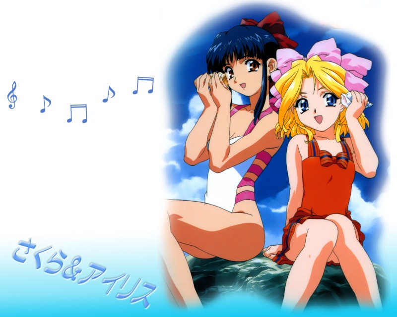 iris chateaubriand, shinguuji sakura, sakura taisen, non-web source, 00s, 2girls, black hair, blonde hair, blue eyes, bow, brown eyes, casual one-piece swimsuit, hair ribbon, long hair, multiple girls, one-piece swimsuit, pink bow, ribbon, rock, seashell, shell, shells, short hair, sitting, swimsuit