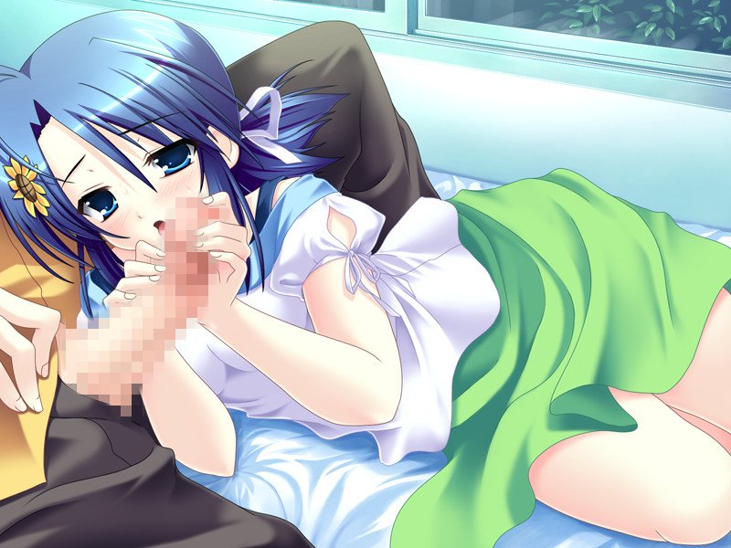 satou satoru, hachizuka konatsu, tsukushite ageru no ni!, game cg, jpeg artifacts, 1girl, blue eyes, blue hair, censored, fellatio, mosaic censoring, oral, penis, solo focus