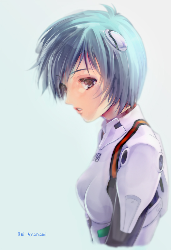 yoko juusuke, ayanami rei, neon genesis evangelion, 1girl, blue hair, breasts, female focus, gradient background, mecha pilot suit, plugsuit (evangelion), red eyes, short hair, small breasts, solo
