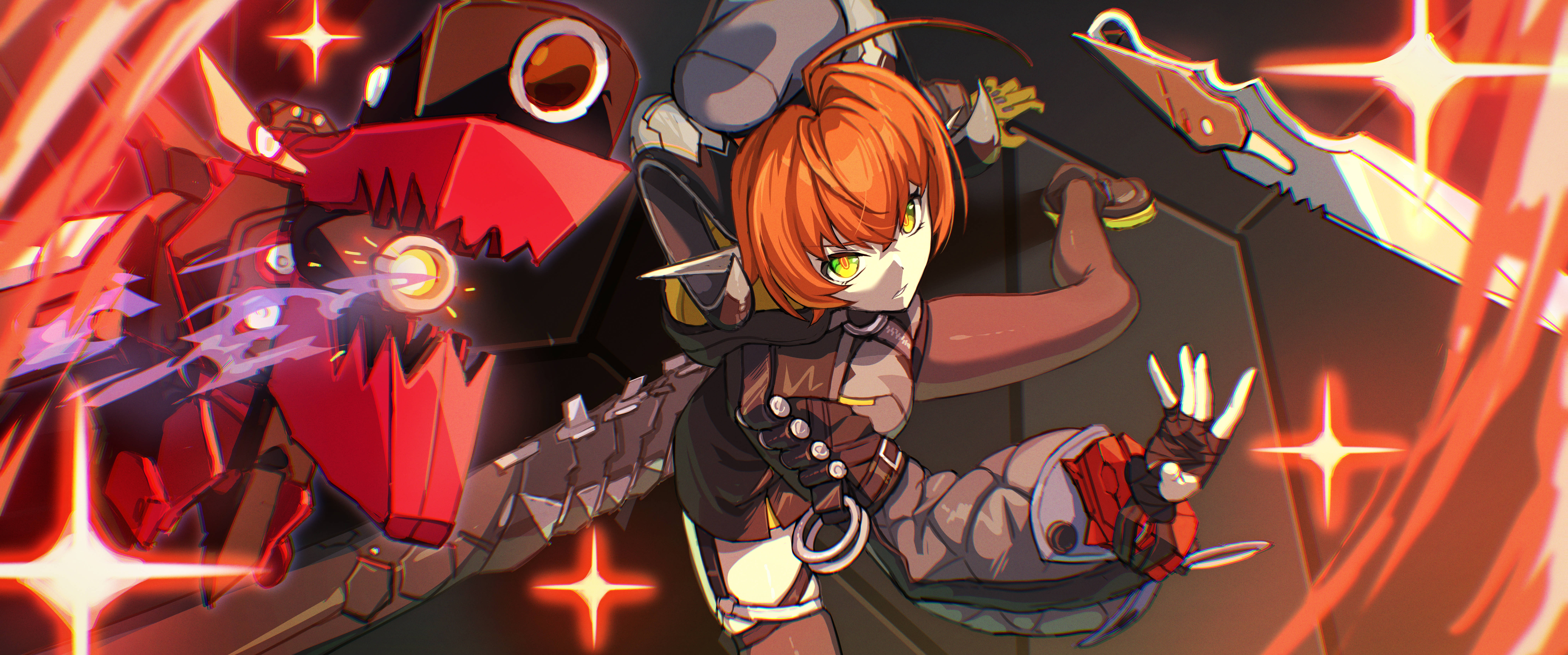 yanagino (yanagino3), magus (chrono trigger), orphie magnusson, zenless zone zero, absurdres, highres, 1girl, 1other, ammunition, asymmetrical gloves, black hat, black horns, black jacket, dragon girl, dragon horns, dress, fingerless gloves, fire, firing, from above, gloves, green eyes, gun, hat, horns, jacket, knife, mechanical horns, mechanical tail, mismatched gloves, open mouth, orange hair, orange pupils, pointy ears, single fingerless glove, sparkle, tail, teeth, thigh strap, thighhighs, throwing knife, weapon, yellow gloves, zipper dress, zipping