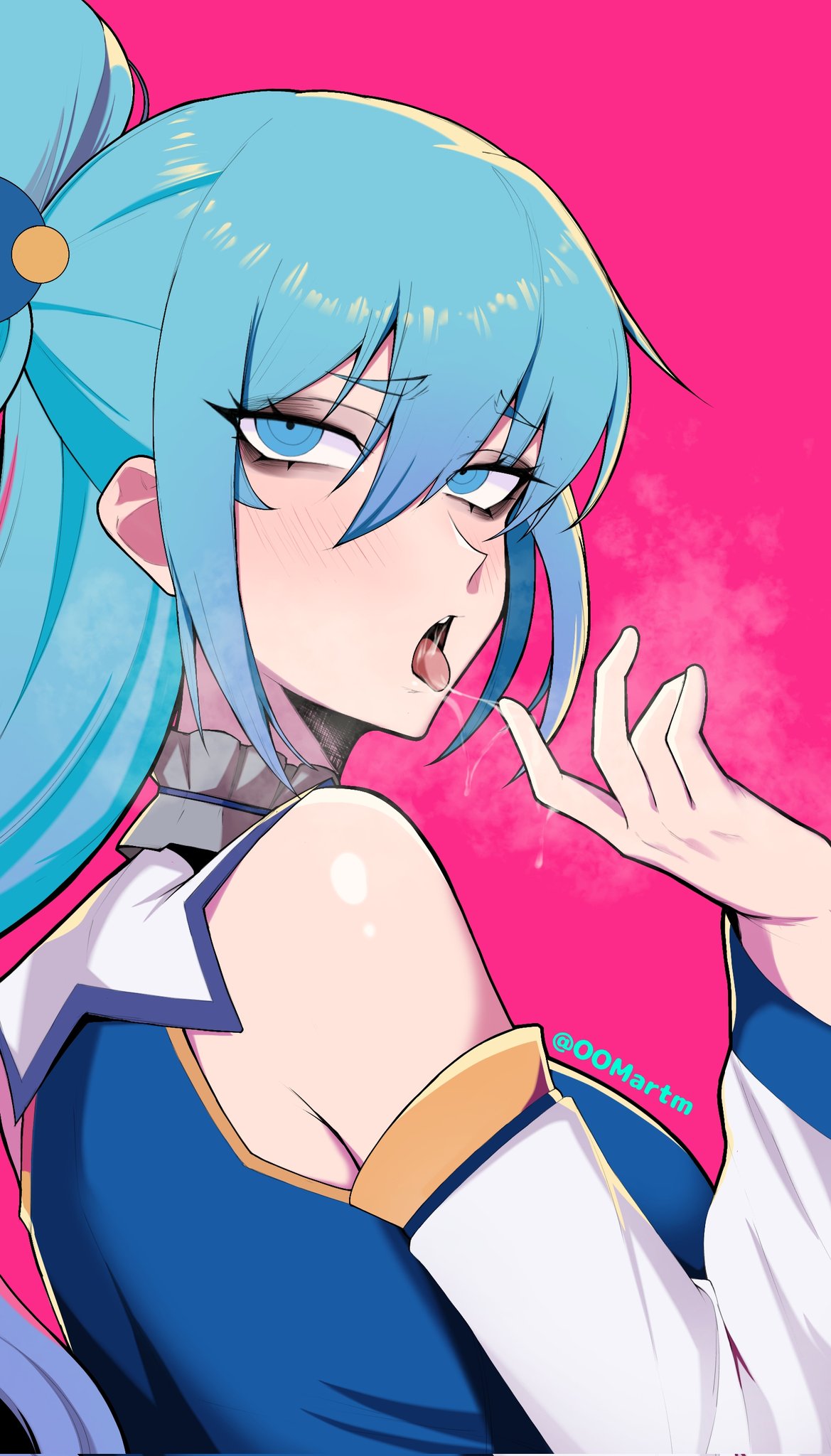 aqua (konosuba), kono subarashii sekai ni shukufuku wo!, commentary, english commentary, highres, 1girl, bare shoulders, black eyeshadow, blue dress, blue eyes, blue hair, blush, breasts, breath, choker, detached sleeves, dress, eyelashes, eyeshadow, finger to mouth, frilled choker, frills, from side, hair between eyes, half-closed eyes, hand up, large breasts, long hair, looking at viewer, makeup, nose, oomartm, open mouth, pink background, ponytail, saliva, saliva trail, shirt, sidelocks, simple background, solo, teeth, tongue, twitter username, upper body, upper teeth only, white choker, white shirt